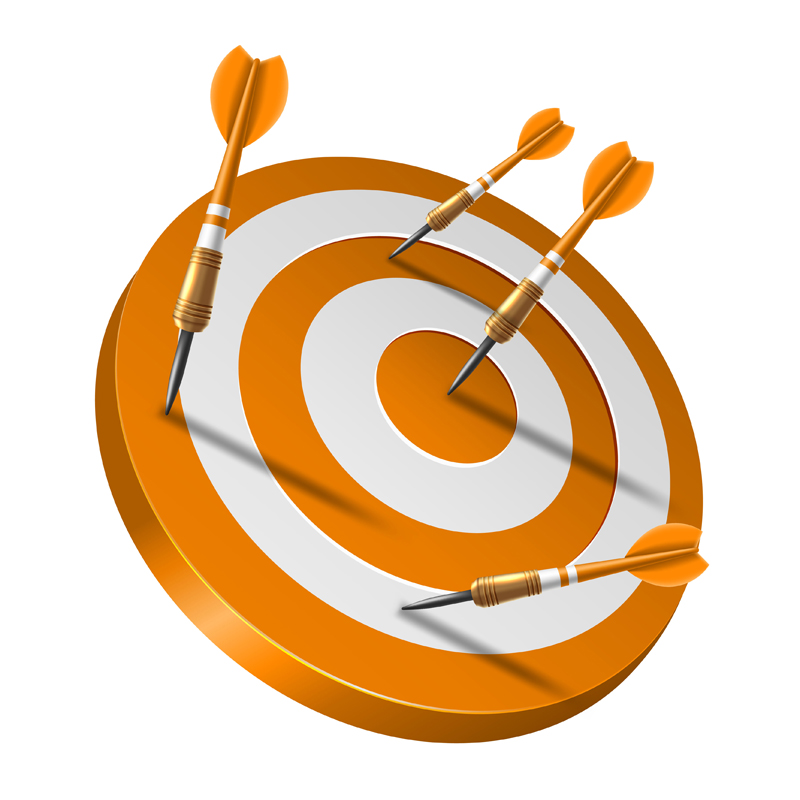 Orange dart arrow hitting in the target center of dartboard